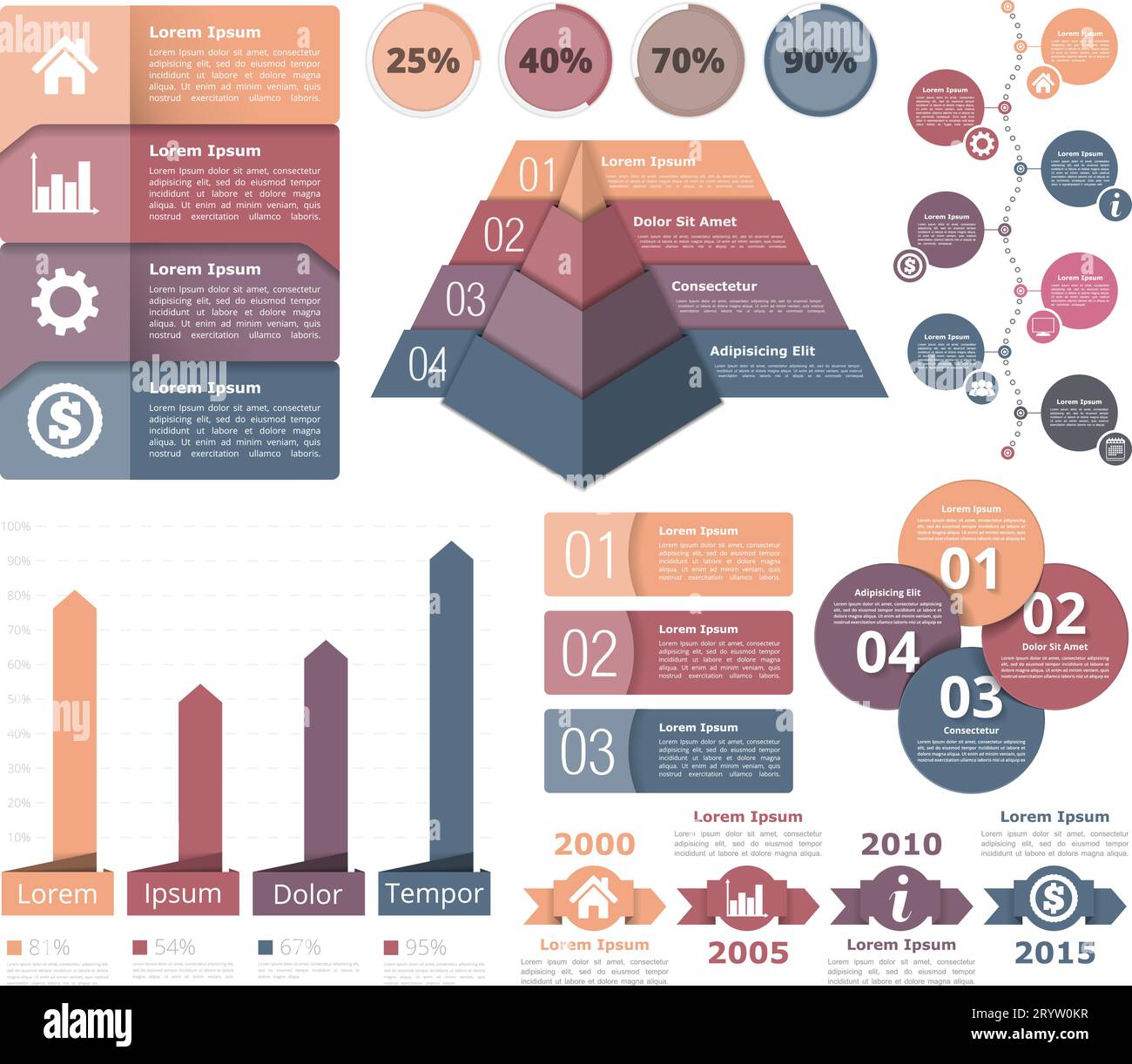 Infografik-Design-Elemente - Flussdiagramm, Bargraph, Pyramidendiagramm, Ablaufdiagramm, Statusanzeigen, Timeline, Kreisdiagramm, Objekte mit Nummer Stock Vektor