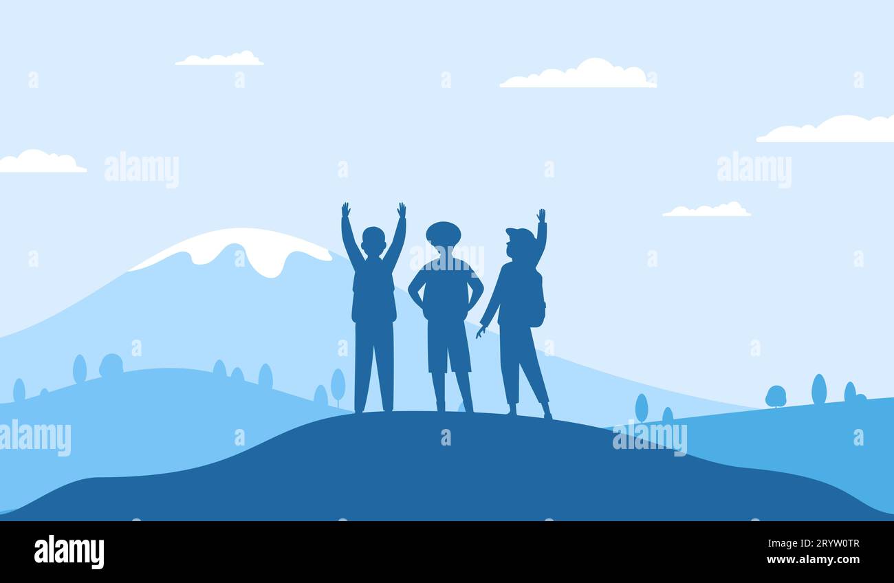 Freunde auf dem Berg, Ziele setzen und erreichen Metapher. Glückliche Leute Gruppe Silhouette, flache Person Urlaub auf der Natur jüngste Vektorszene Stock Vektor