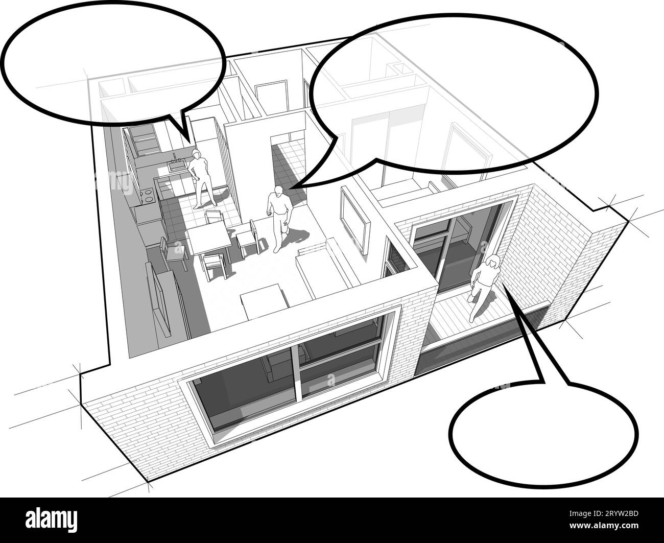 Apartmentdiagramm mit Menschen und Sprechblasen Stockfoto