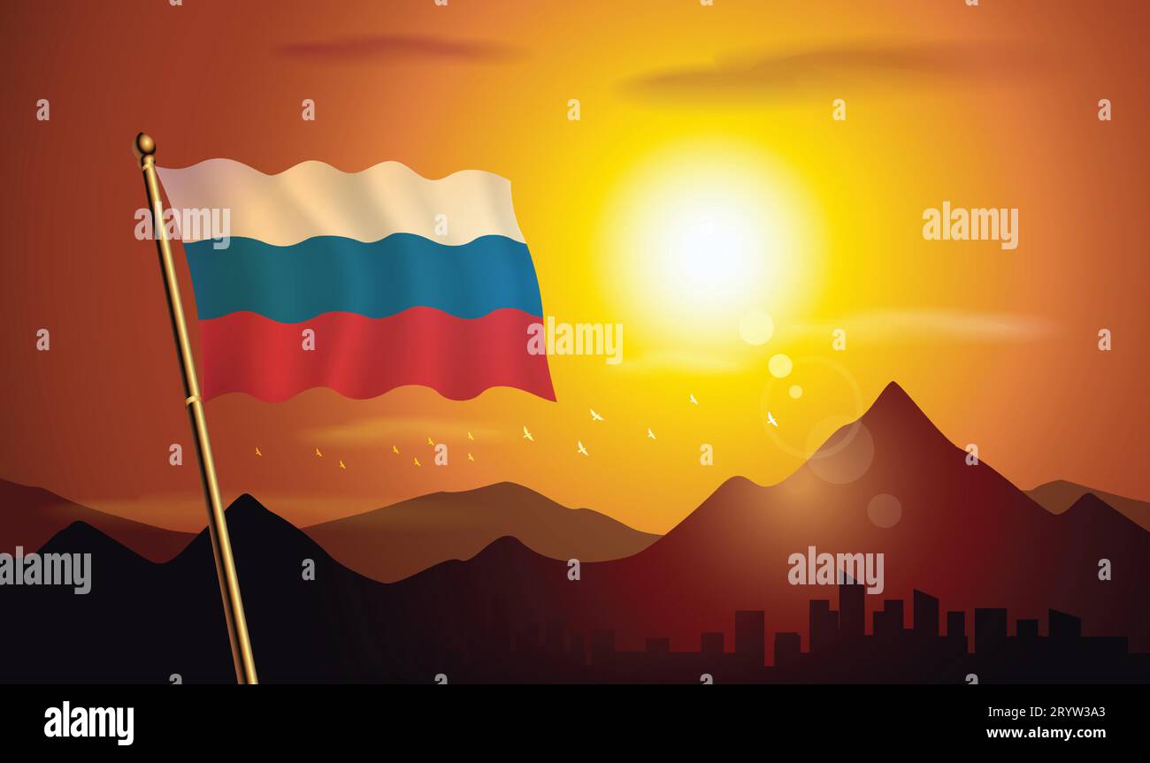 Russische Flagge mit Sonnenuntergang Hintergrund der Berge und Seen Stock Vektor