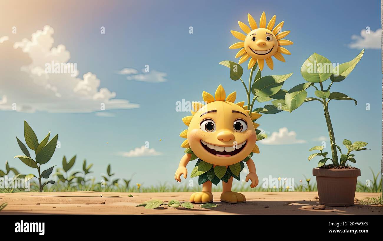 3D-Illustration einer lächelnden Sonnenblume und einer glücklichen Sonnenblume Stockfoto