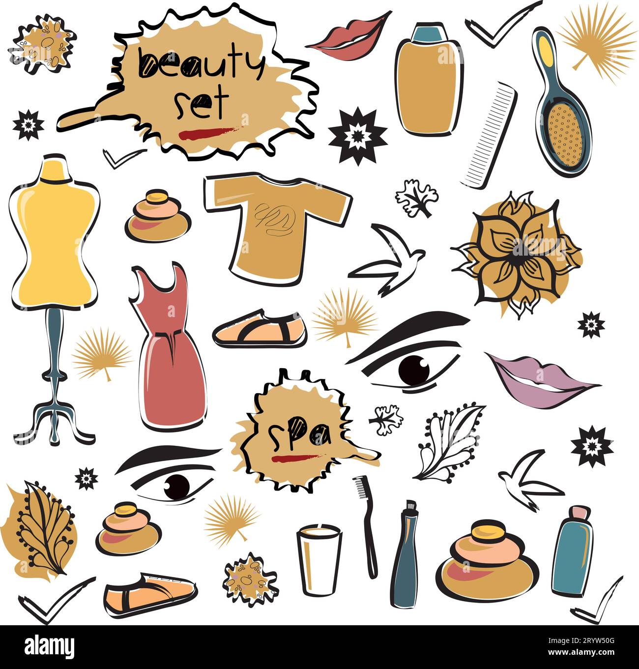 Set von Schönheitsgegenständen Objekte Elemente Icons mit Spa, Mode Doodles in verschiedenen Farben - Vektor Design Illustration von Hand gezeichnetes Kunstwerk - Kleid Stock Vektor