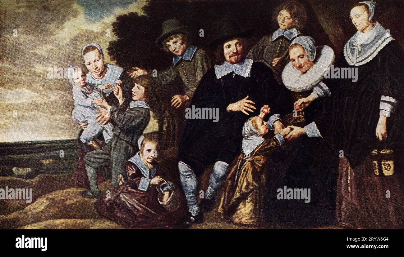 Franz Hals (1580?-1666) niederländische Schule Haarlem. Familiengruppe. Nationalgalerie. Ölgemälde auf Leinwand. 4 ft 11 in h x 8 ft 4,5 in W. Frans Hals der ältere war ein niederländischer Maler des Goldenen Zeitalters, hauptsächlich von Einzel- und Gruppenporträts und von Genrewerken, der in Haarlem lebte und arbeitete. Hals spielte eine wichtige Rolle in der Entwicklung der Gruppenporträts des 17. Jahrhunderts. Er ist bekannt für seine lose malerische Pinselarbeit. Stockfoto