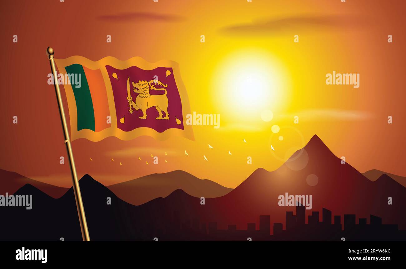 Sri Lanka Flagge mit Sonnenuntergang Hintergrund der Berge und Seen Stock Vektor