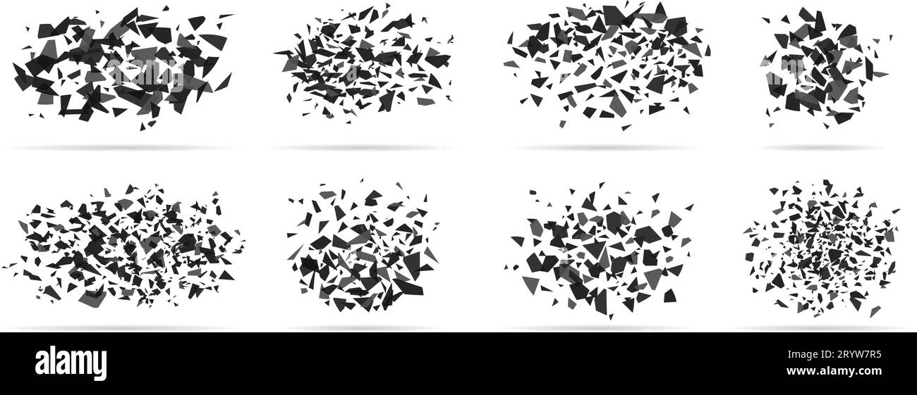 Partikel zerbrechen und platzen. Schwarze Explosion, Glas oder Kunststoff gebrochen. Bricht Zerstörungen aus, zerlegt den Effekt mit Konfetti-Geometrie, erzeugt einen raschen Vektorsatz Stock Vektor