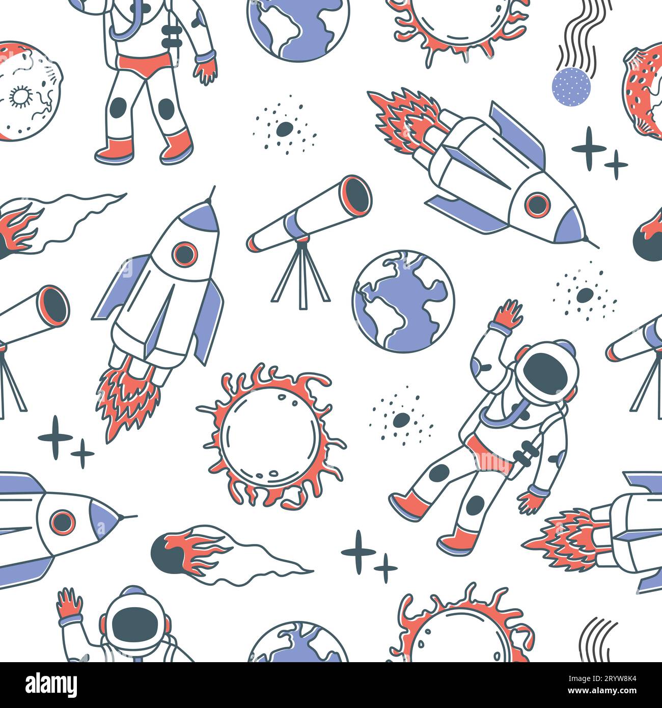 Nahtloses Doodle Space-Muster. Dekorative Universumsumskinder-Druckvorlage aus Stoff. Astronomische Elemente, Doodle-Planeten und Raketen, neoterischer Vektor Stock Vektor