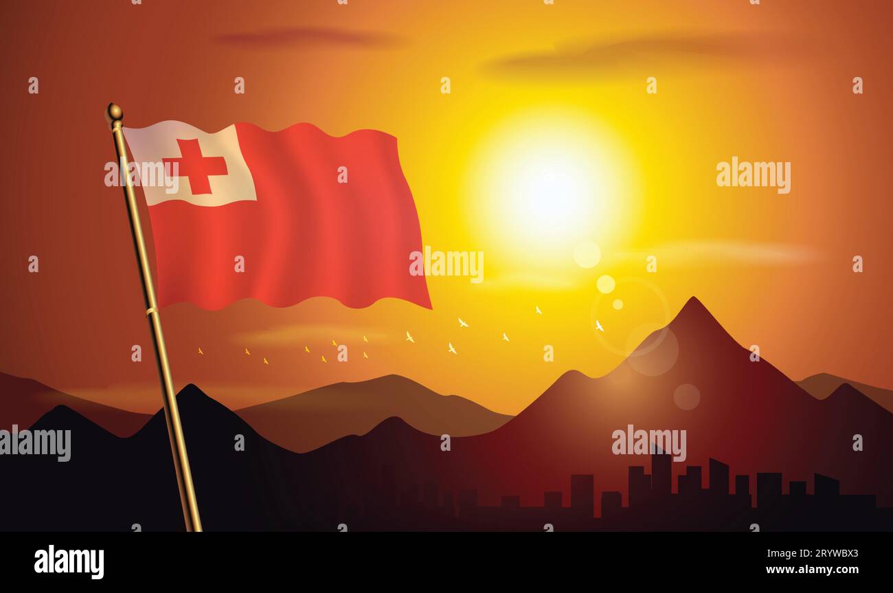 Tonga Flagge mit Sonnenuntergang Hintergrund der Berge und Seen Stock Vektor