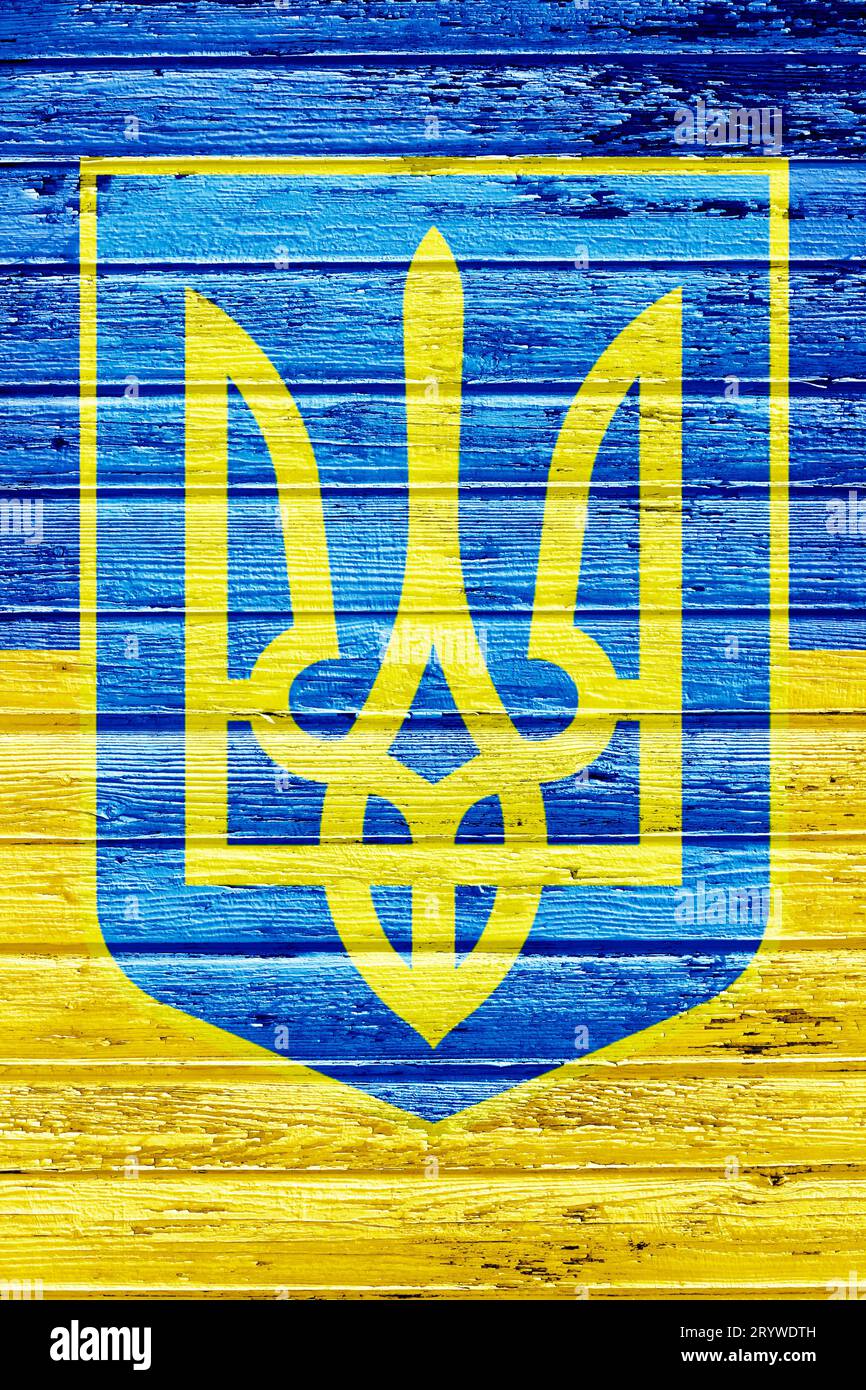 Ukrainisches Wappen, auf Holzwand gemalt Stockfoto
