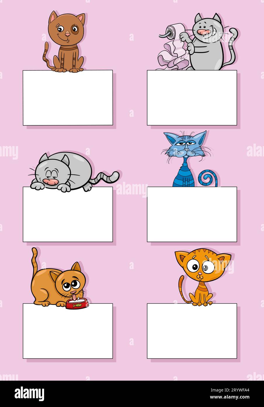 Zeichentrickfilm mit Tierfiguren für Katzen und Kätzchen mit leeren Karten oder Bannern Stockfoto