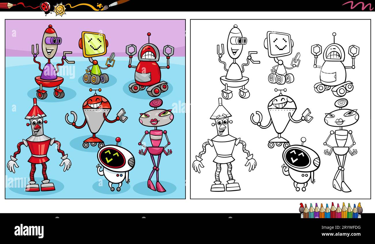 Cartoon-Illustrationen von lustigen Robotern oder Droiden Comic-Charaktere gruppieren die Malseite Stockfoto