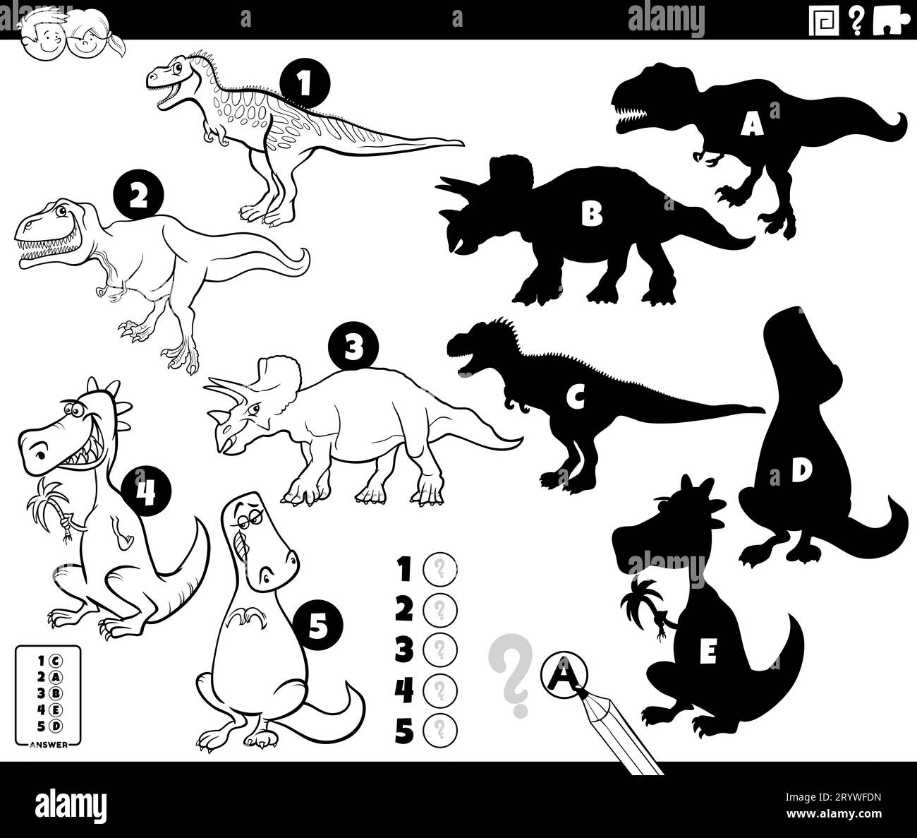 Schwarz-weiß-Cartoon, in dem gezeigt wird, wie man die richtigen Schatten findet, um das Bildspiel für Kinder mit lustigen prähistorischen Dinosaurier-Charakteristika zu erlernen Stockfoto