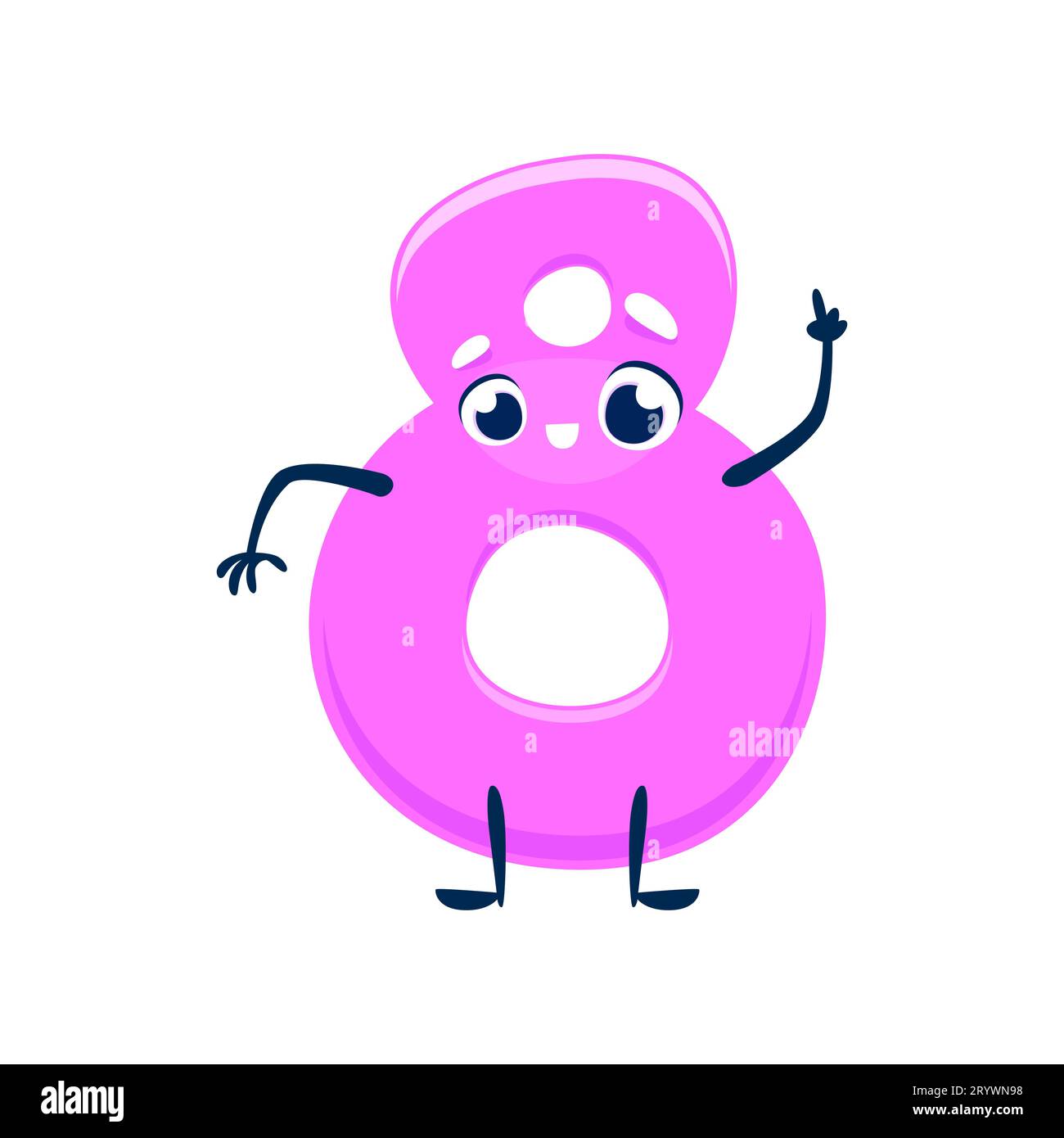 Cartoon süße, lustige 8-stellige Figur, Kinder Mathe Ausbildung. Glückliche rosa 8-stellige Vektorfigur, die nach oben zeigt mit glücklichem Lächeln und süßem Kawaii-Gesicht. Mathematik, elementarer arithmetischer Charakter Stock Vektor
