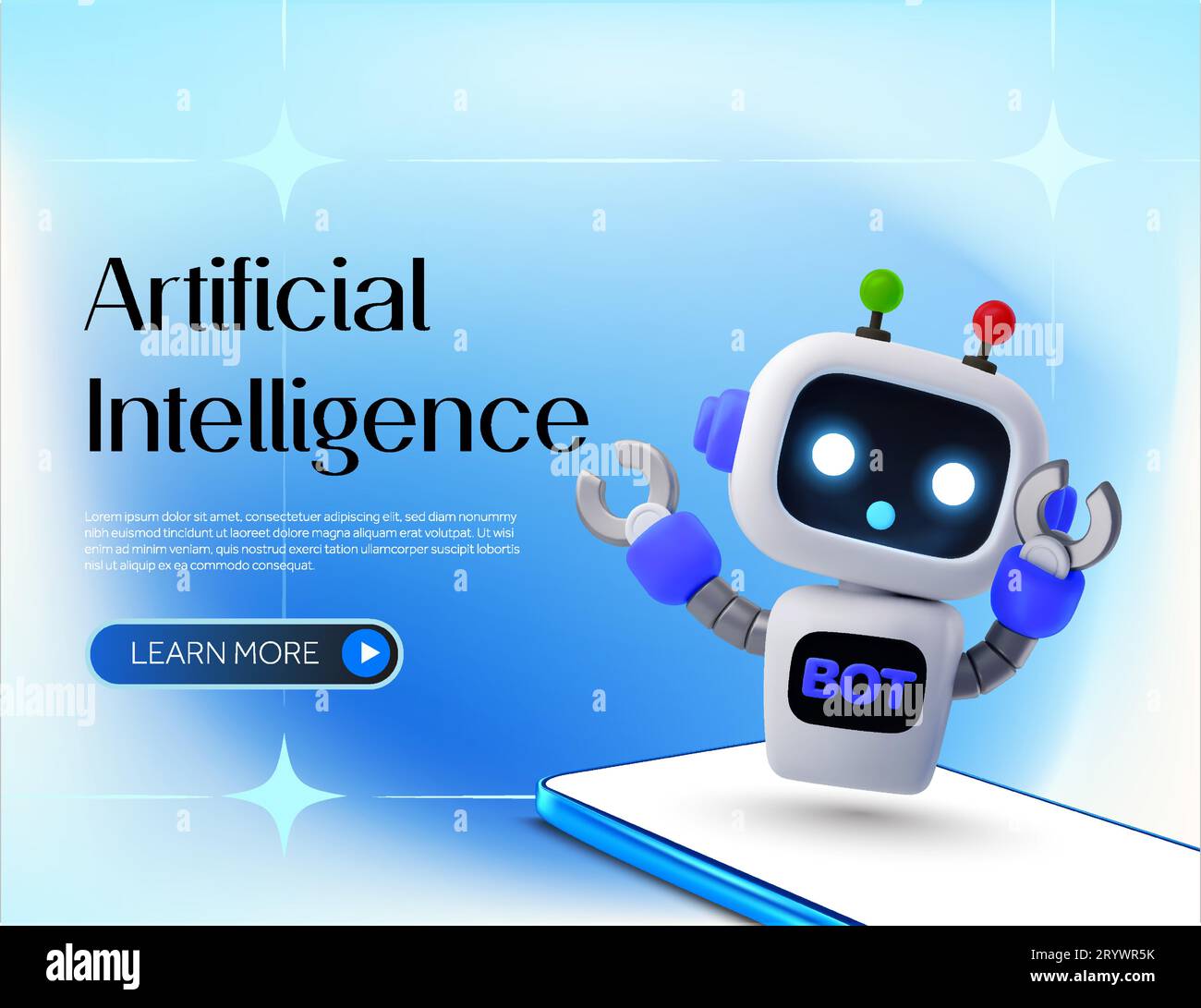 Bannervorlage mit künstlicher Intelligenz und niedlichem Roboter, der auf dem Smartphone schwebt. Konzept der Landing-Page für mobile App-Services von AI Chatbot. 3D gerendertes Chatbot-Symbol isoliert im Hintergrund. 3D-Vektor. Vektorillustration Stock Vektor