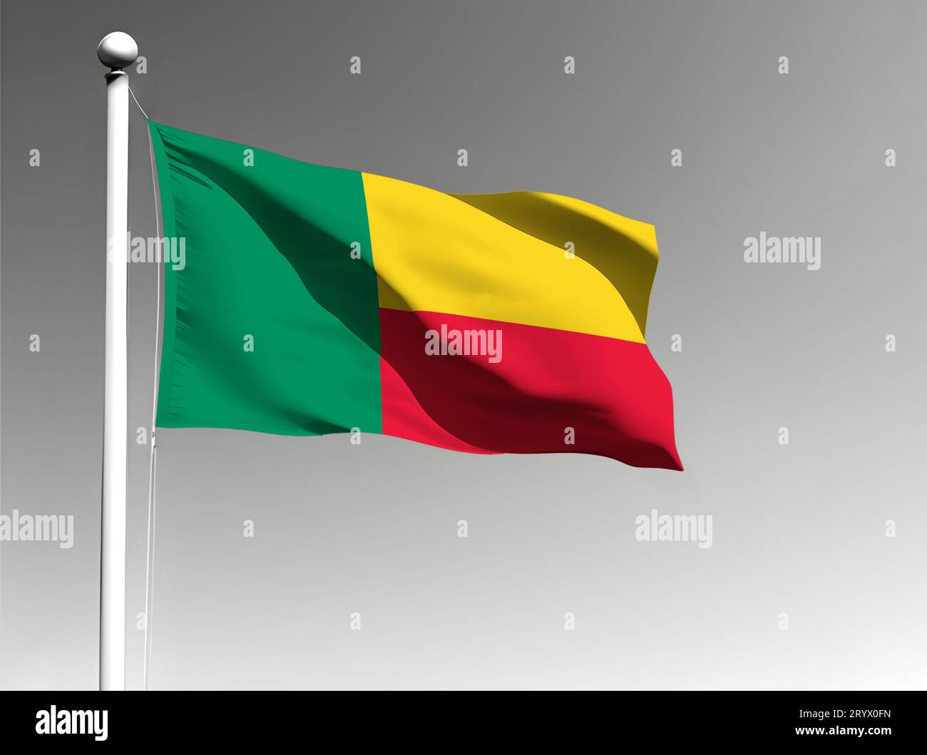 Benin Nationalflagge isoliert winkend auf grauem Hintergrund Stockfoto