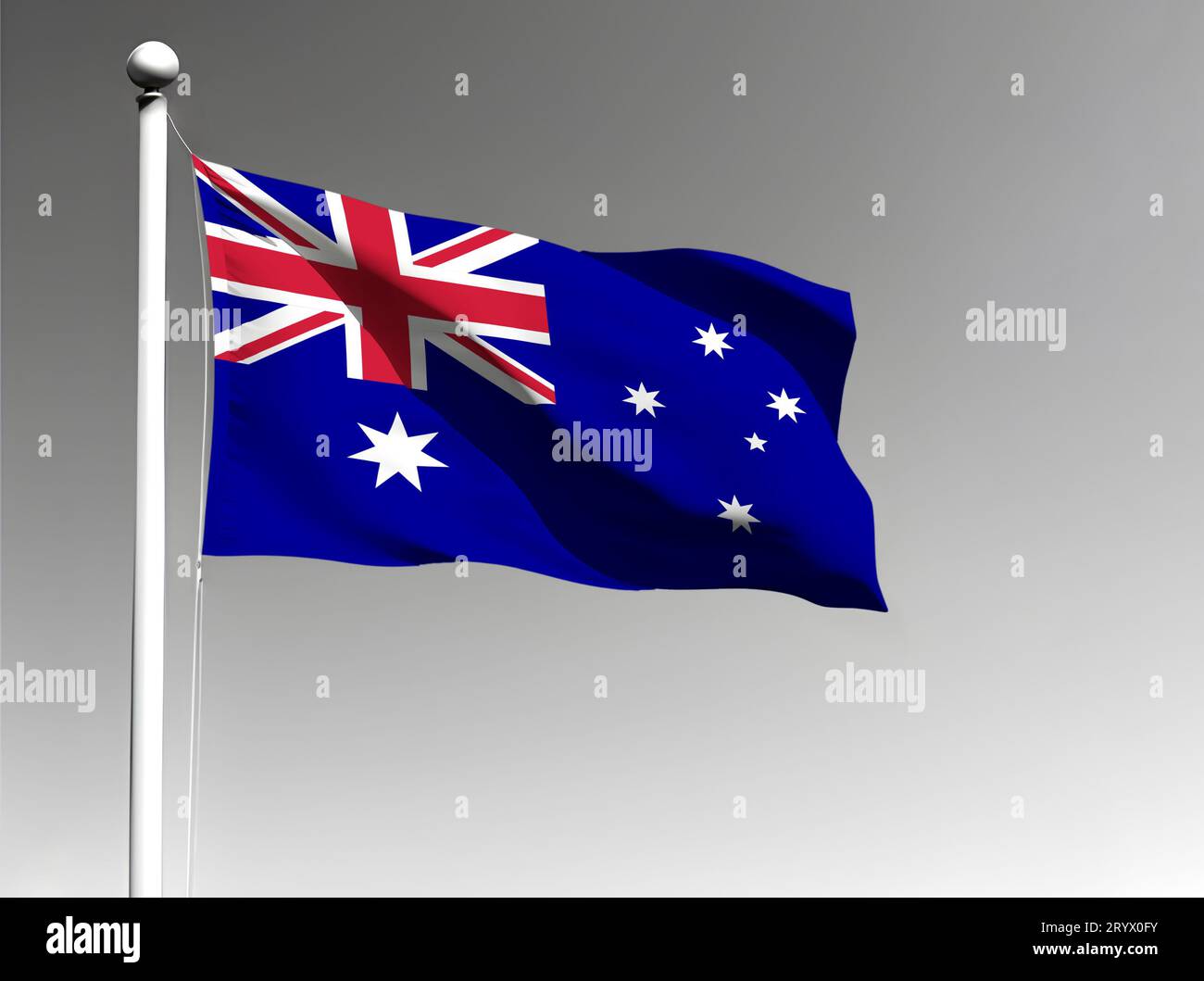 Australische Nationalflagge isoliert winkend auf grauem Hintergrund Stockfoto