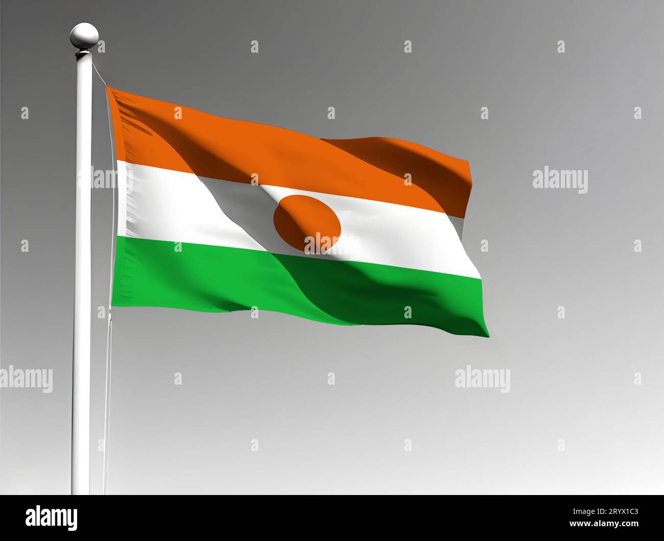 Die Nationalflagge Niger winkt isoliert auf grauem Hintergrund Stockfoto