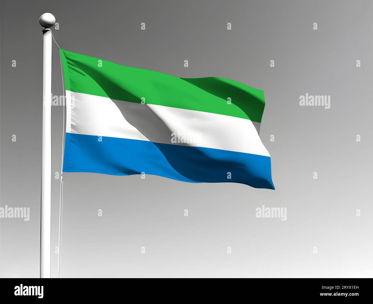 Die Nationalflagge Sierra Leones winkt auf grauem Hintergrund Stockfoto