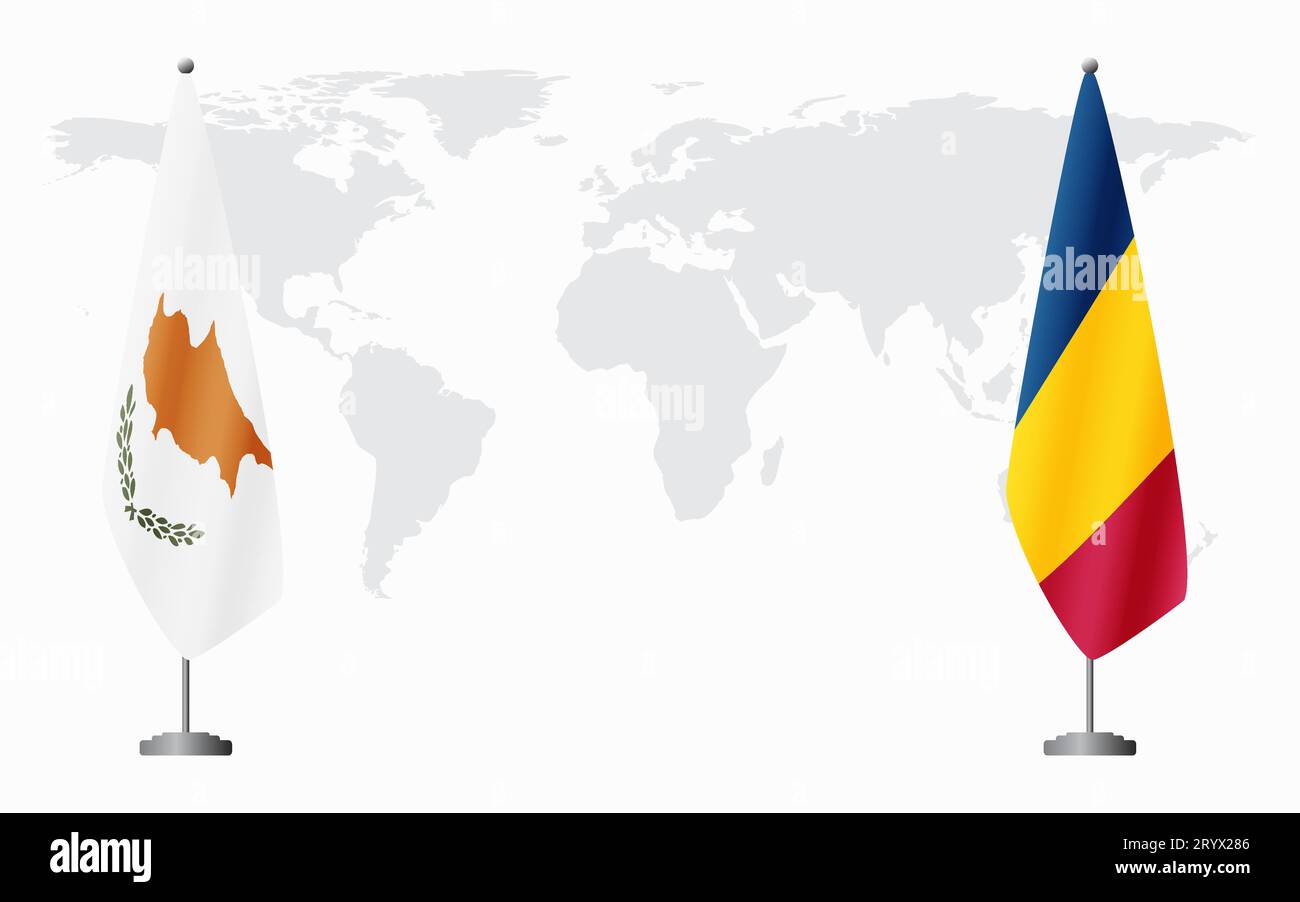 Flagge der Republik Zypern und Tschad für offizielles Treffen vor dem Hintergrund der Weltkarte. Stock Vektor