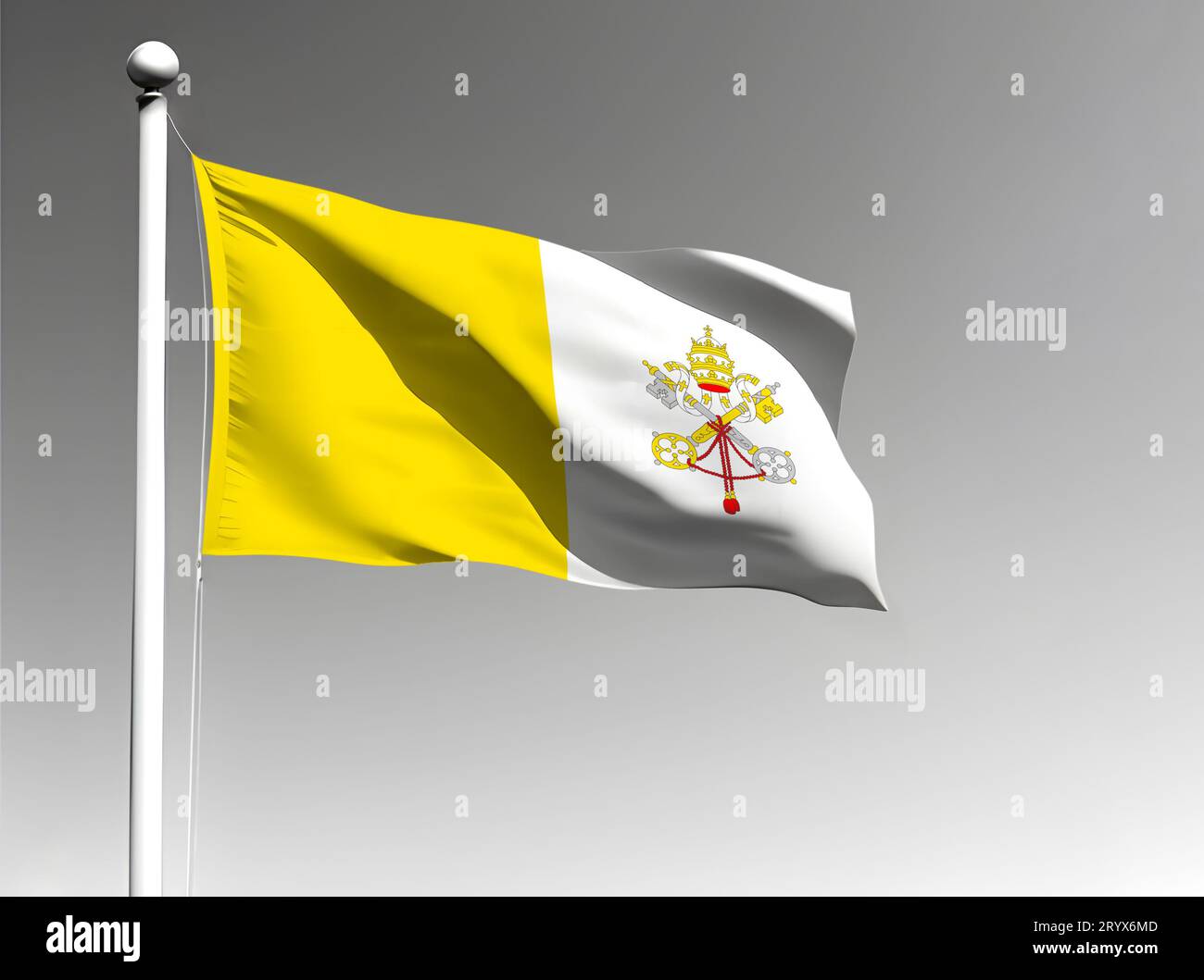 Die Nationalflagge der Vatikanstadt winkt isoliert auf grauem Hintergrund Stockfoto