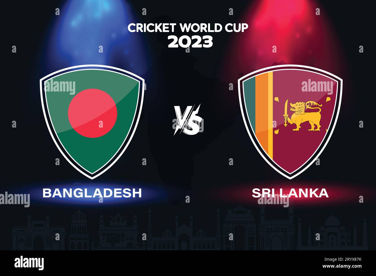Bangladesch gegen Sri Lanka: Internationales Cricket-Flaggen-Abzeichen auf indischem Skyline-Hintergrund für die letzte Weltmeisterschaft 2023. EPS-Vektor für Sportspiele Stock Vektor