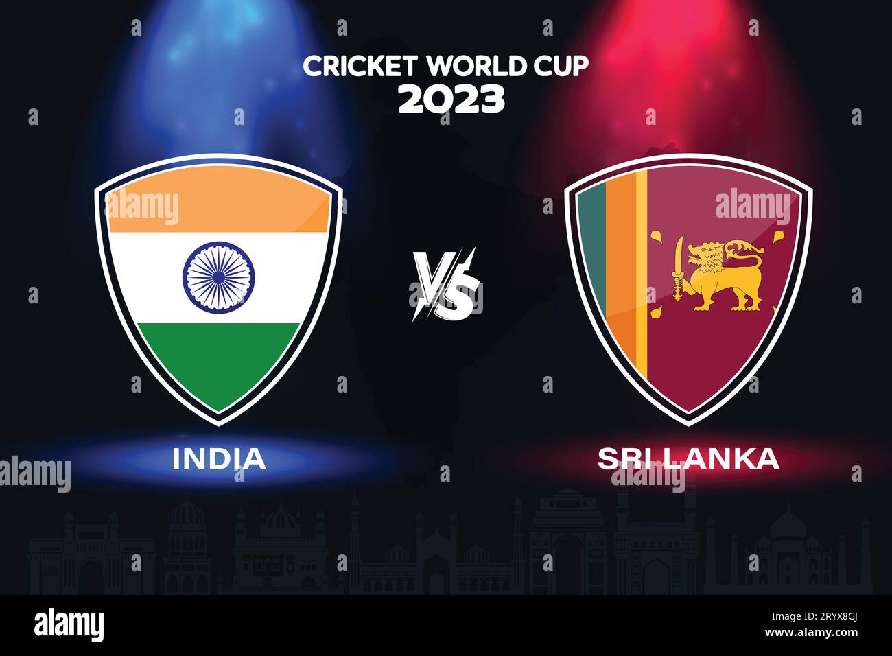 Indiens gegen Sri Lankas internationales Cricket-Flaggen-Abzeichen auf indischem Skyline-Hintergrund für die letzte Weltmeisterschaft 2023. EPS-Vektor für ein Sportspiel Stock Vektor