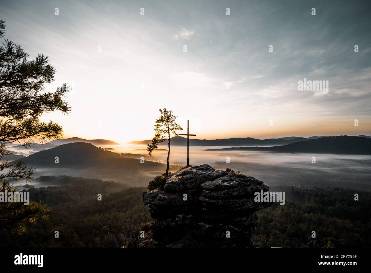 Zauberhaftes Erwachen: Sonnenaufgang im Pfälzerwald mit einem Nebel Stockfoto