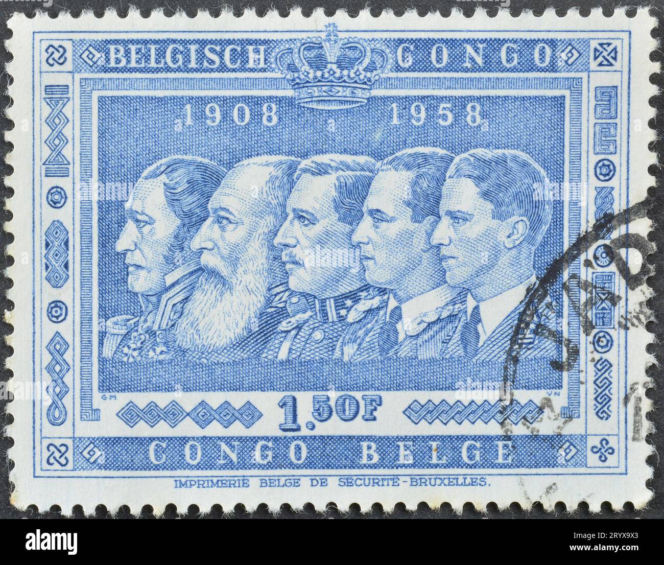 Gestempelte Briefmarke, gedruckt vom belgischen Kongo, die Könige von Belgien, Belgiens Annexion des Kongo, 50. Jahrestag, um 1958 zeigt. Stockfoto