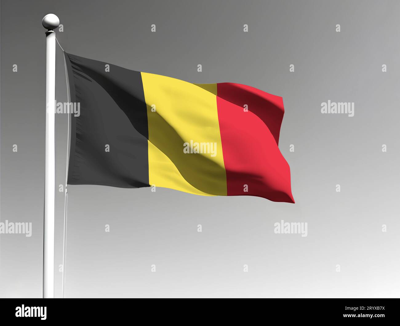 Belgische Nationalflagge, die auf grauem Hintergrund winkt Stockfoto