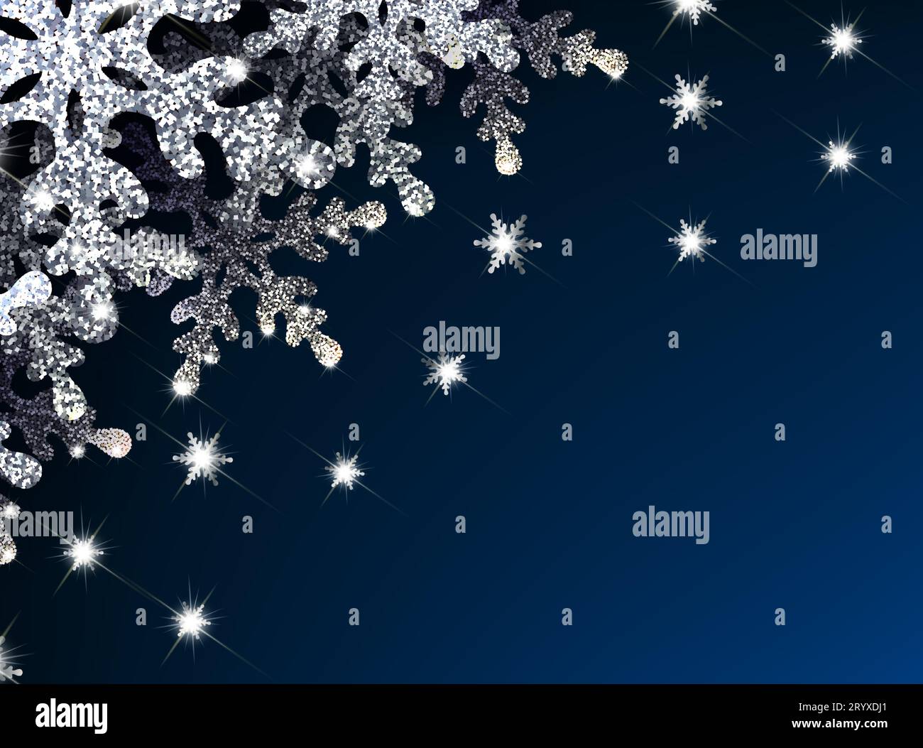 Weihnachtsbannerrand silberne glitzernde Schneeflocken mit hellem Glitzer-Glitzer. Ecklage. Platz auf dem mittleren schwarzen Hintergrund kopieren. Vecto Stock Vektor