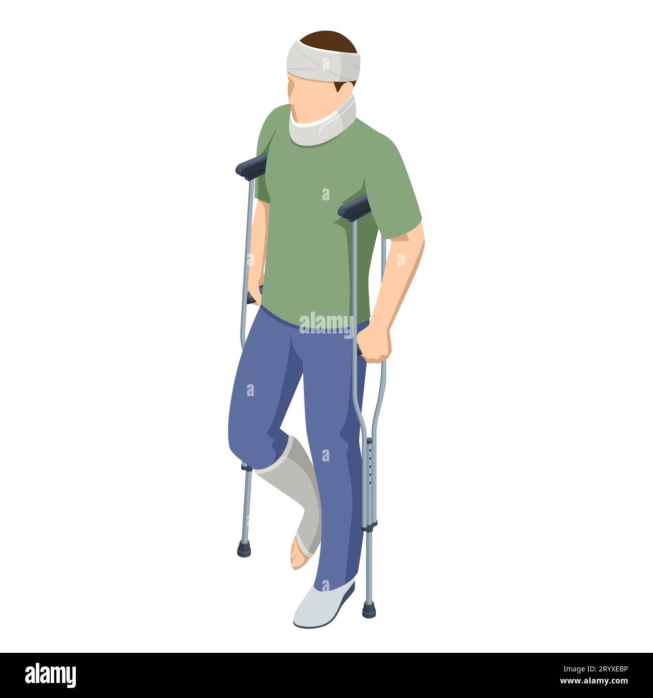Isometrischer Mann mit Beinverletzung bei Krücken-Keuchenguss, mit Kopf-Hals-Verletzung. Sozialversicherungs- und Krankenversicherungskonzept. Person mit Gips Stock Vektor