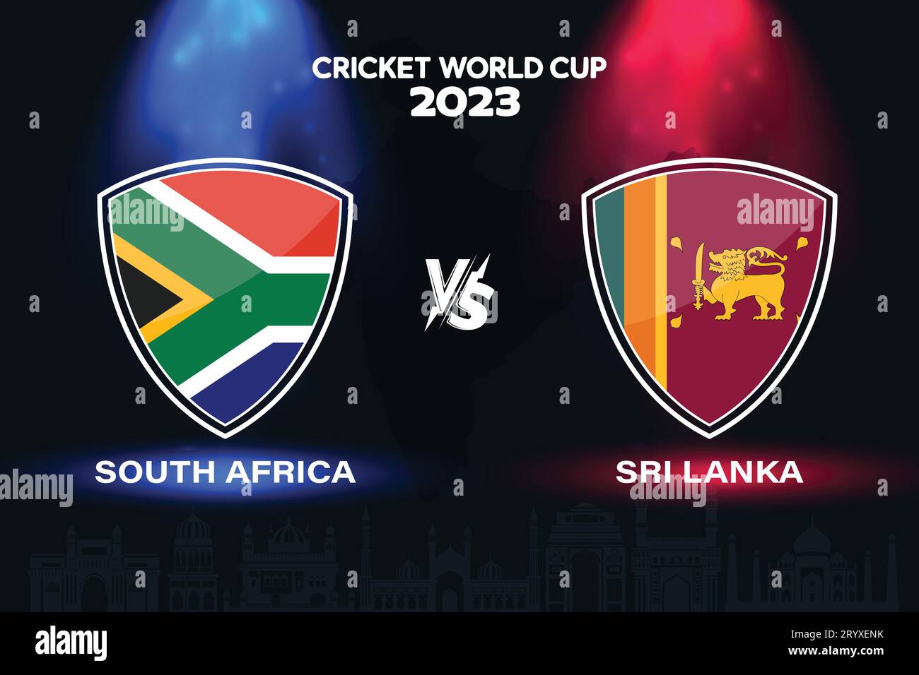 Südafrika gegen Sri Lanka internationale Cricket Flagge Badge Design auf indischer Skyline Hintergrund für die letzte WM 2023 EPS Vektor für Sport matc Stock Vektor