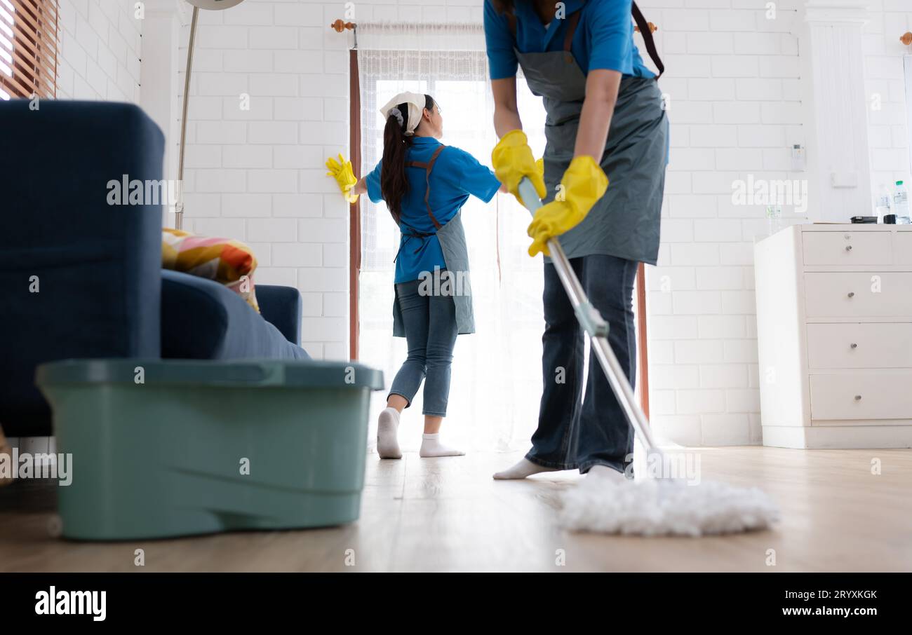 Zwei junge Frauen in Uniform reinigen zu Hause das Wohnzimmer. Stockfoto