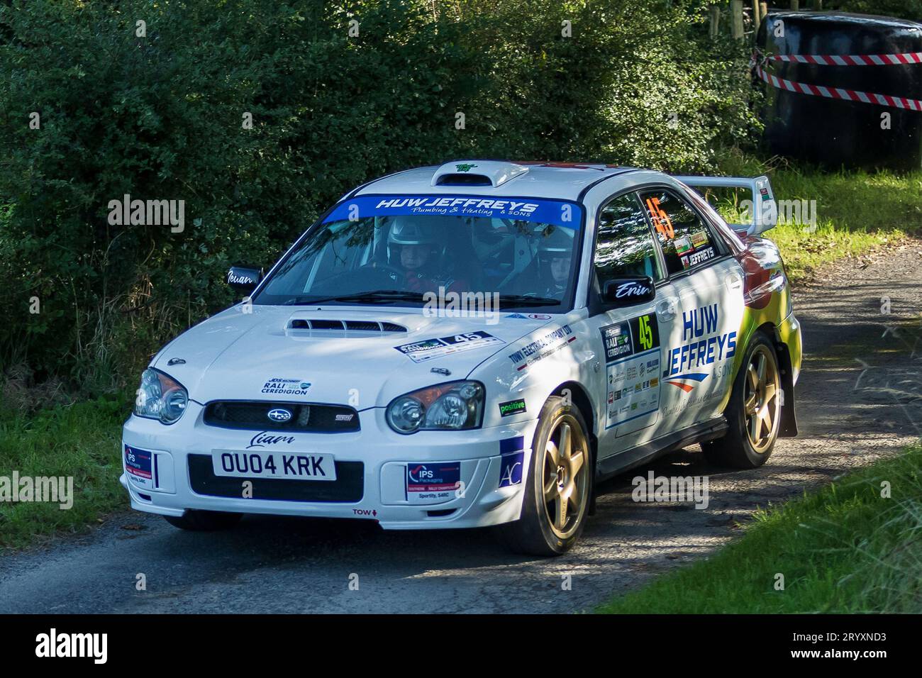 Ceredigion, Wales – 2. September 2023 Rali Ceredigion: Huw Jeffreys und Mitfahrerin Avarina Jeffreys in einem Subaru Impreza Auto 45 auf der Bühne SS1 Borth 1 Stockfoto