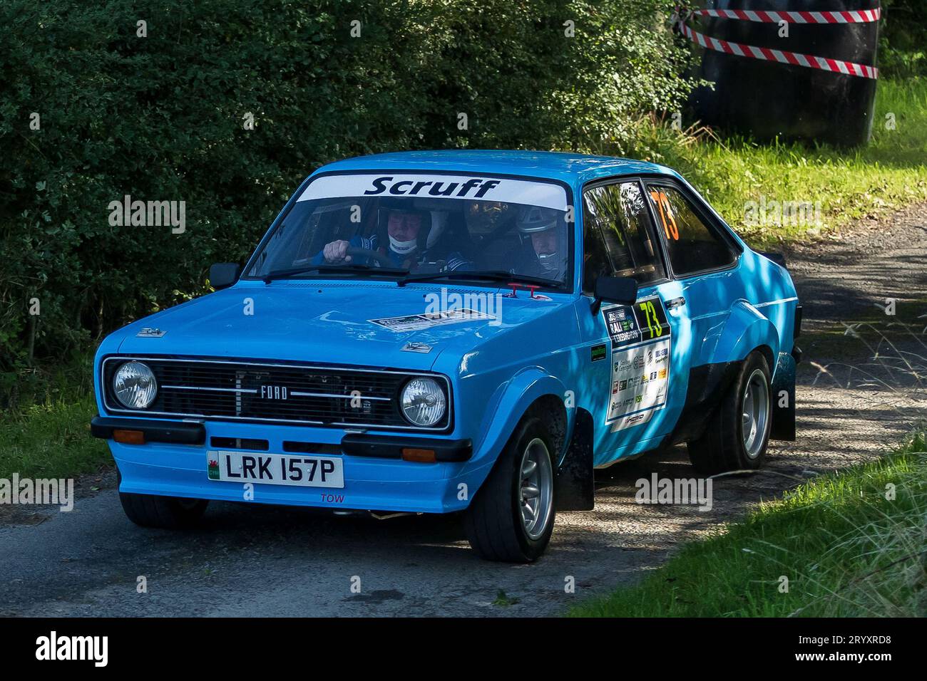 Ceredigion, Wales – 2. September 2023 Rali Ceredigion: Phil Jones und Co-Pilot Anthony Litchfield in einem Ford Escort Car 73 auf der Bühne SS1 Borth 1 Wal Stockfoto