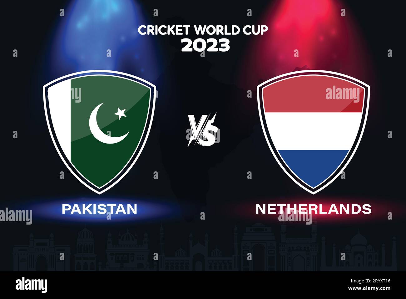 Internationales Cricket-Flaggendesign Pakistan vs. Niederlande im Hintergrund der indischen Skyline für die finale Weltmeisterschaft 2023. EPS Vektor für einen Sport Stock Vektor