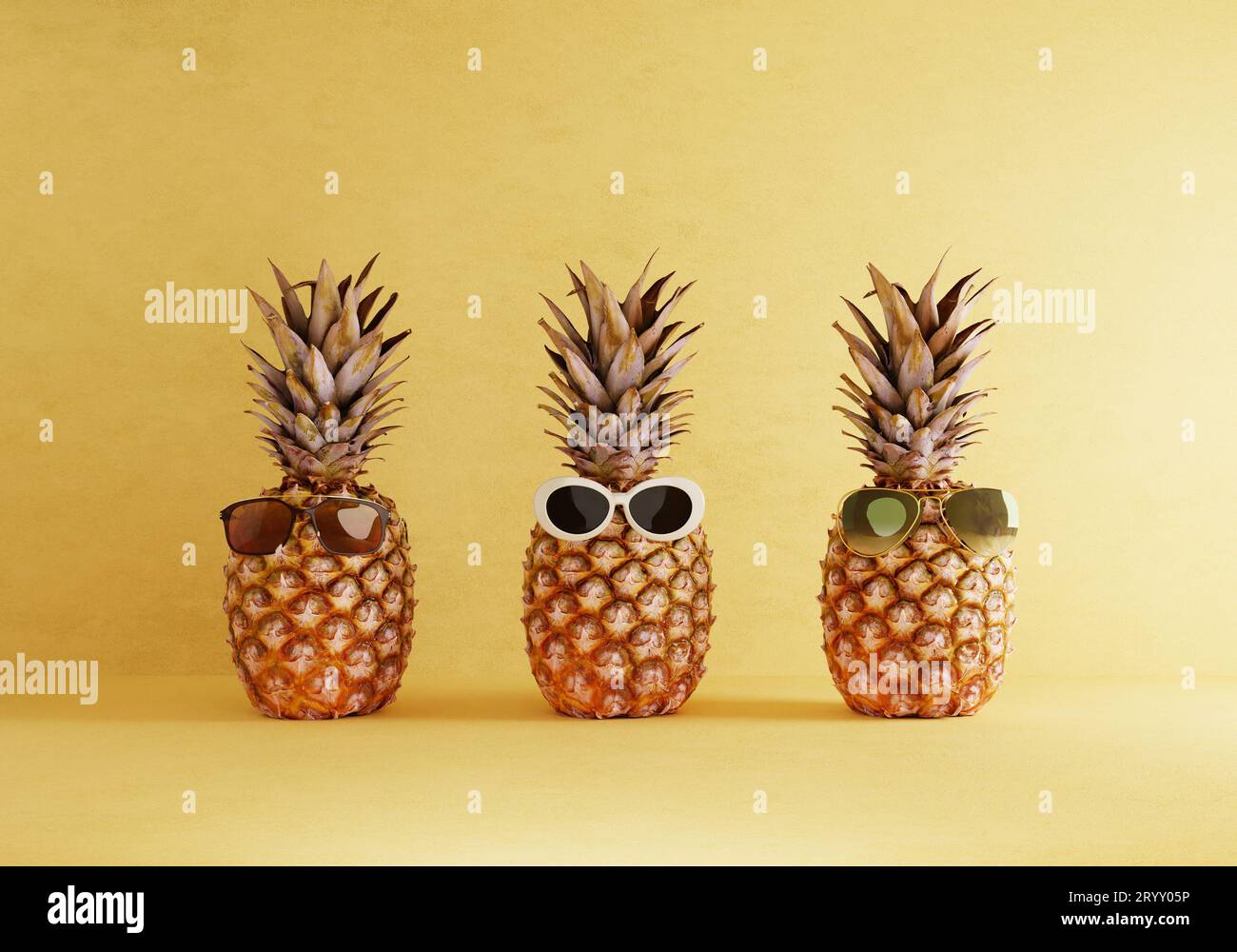 Ananas-Bande in Sommerkostümen auf gelbem Hintergrund. Obst und Urlaubskonzept. Rendering von 3D-Illustrationen Stockfoto