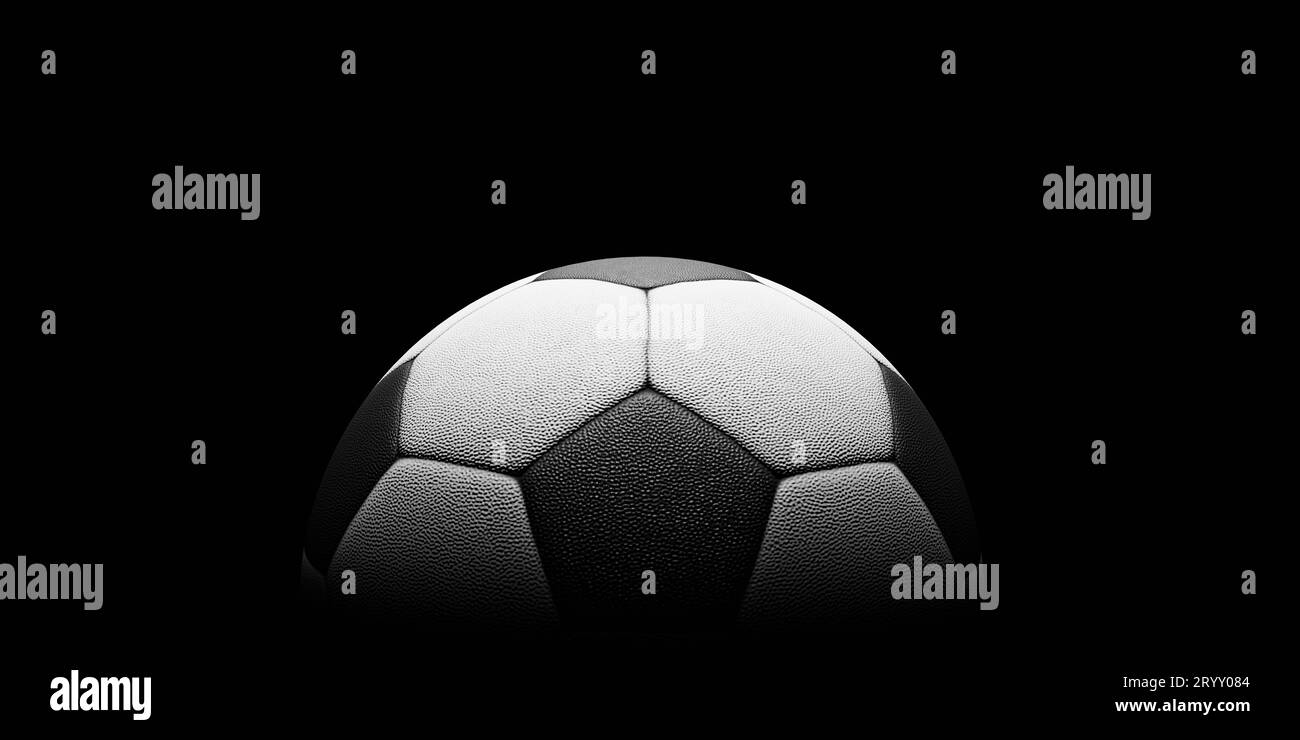 Fußball oder Fußball mit Spotlight und ausblendendem Schatten im dunklen Hintergrund. Kopierbereich. Sport- und Spielkonzept. 3D-Illustration Stockfoto