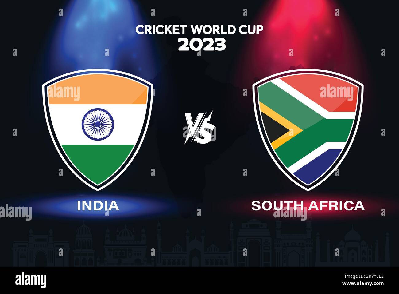 Indische vs. Südafrika – internationales Cricket-Flaggendesign im Hintergrund der indischen Skyline für die finale Weltmeisterschaft 2023. EPS Vector für ein Sportspiel Stock Vektor