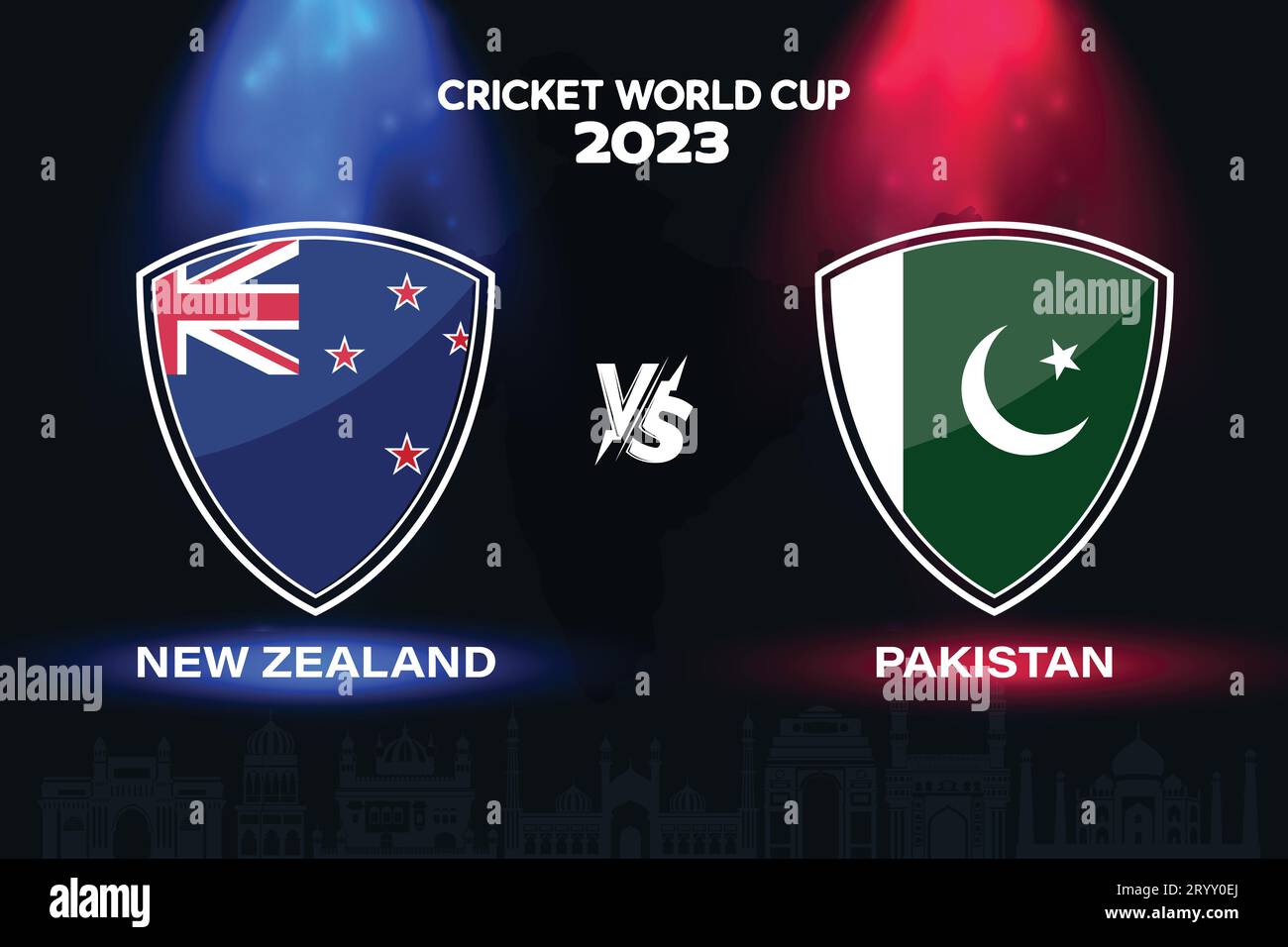 Design der internationalen Cricket-Flaggenflagge Neuseeland vs. Pakistan im Hintergrund der indischen Skyline für die finale Weltmeisterschaft 2023. EPS Vektor für einen Sport Stock Vektor