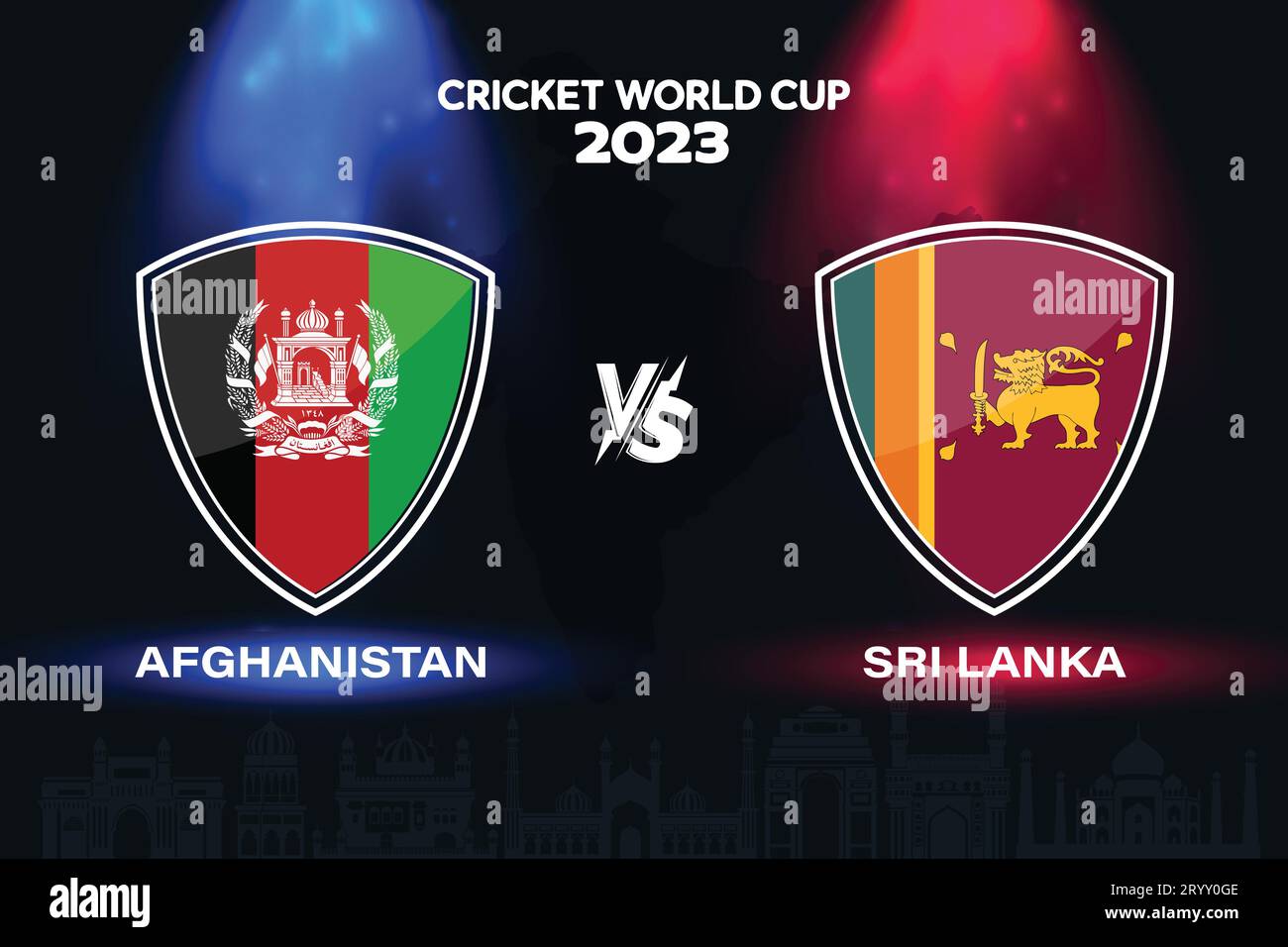 Afghanistan vs. Sri Lanka International Cricket Flag Badge Design auf der indischen Skyline Hintergrund für die finale Weltmeisterschaft 2023. EPS Vektor für einen Sport Stock Vektor