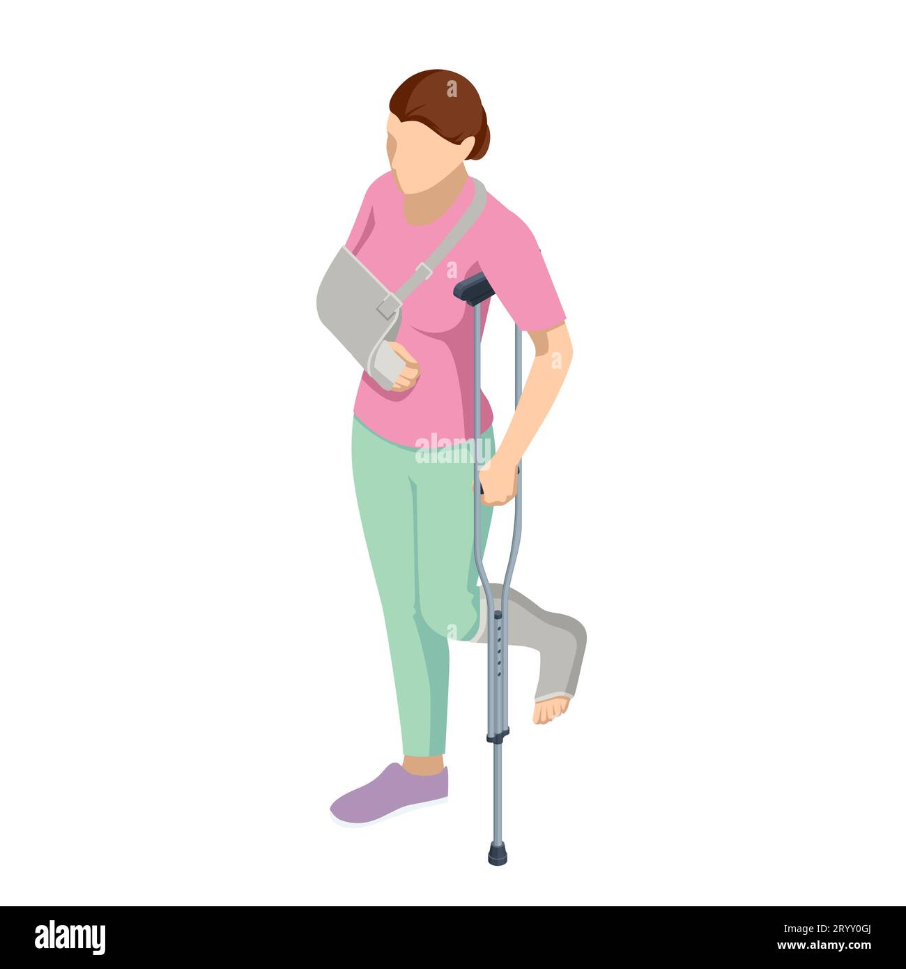 Isometrie Frau mit einer Beinverletzung in einem Guss auf Krücken, mit einer Armverletzung in einem Guss. Sozial- und Krankenversicherungskonzept. Rehabilitation Stock Vektor