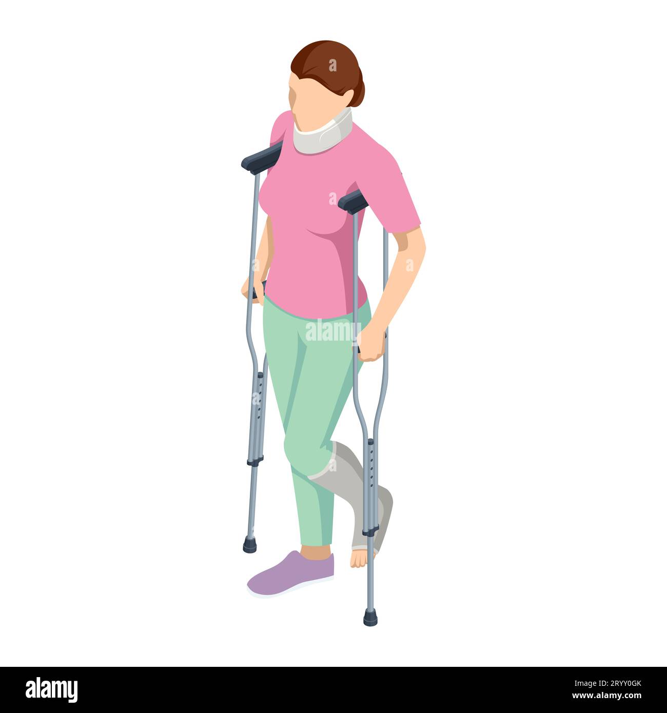 Isometrie Frau mit Beinverletzung bei Krücken- und Nackenverletzung. Sozial- und Krankenversicherungskonzept. Person mit einem Gips und einem Stock Vektor