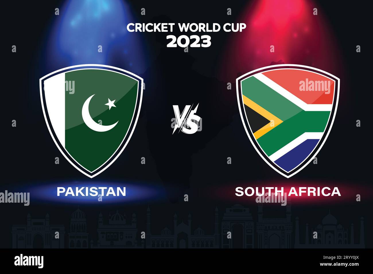 Internationales Cricket-Flaggendesign Pakistan gegen Südafrika auf indischem Hintergrund für die finale Weltmeisterschaft 2023. EPS Vektor für einen Sport Stock Vektor