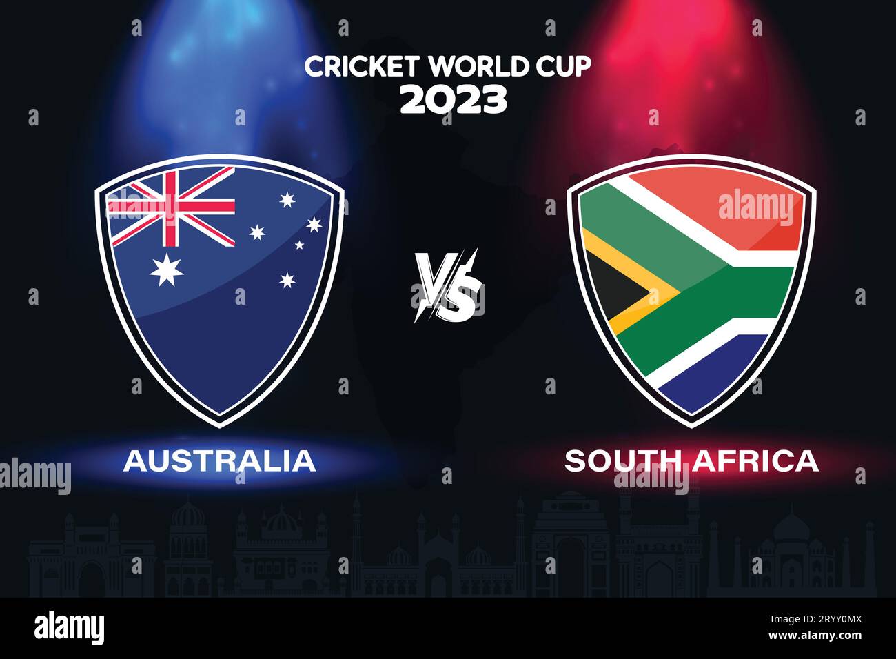 Australien gegen Südafrika – internationales Cricket-Flaggendesign auf der indischen Skyline für die finale Weltmeisterschaft 2023. EPS Vektor für einen Sport Stock Vektor