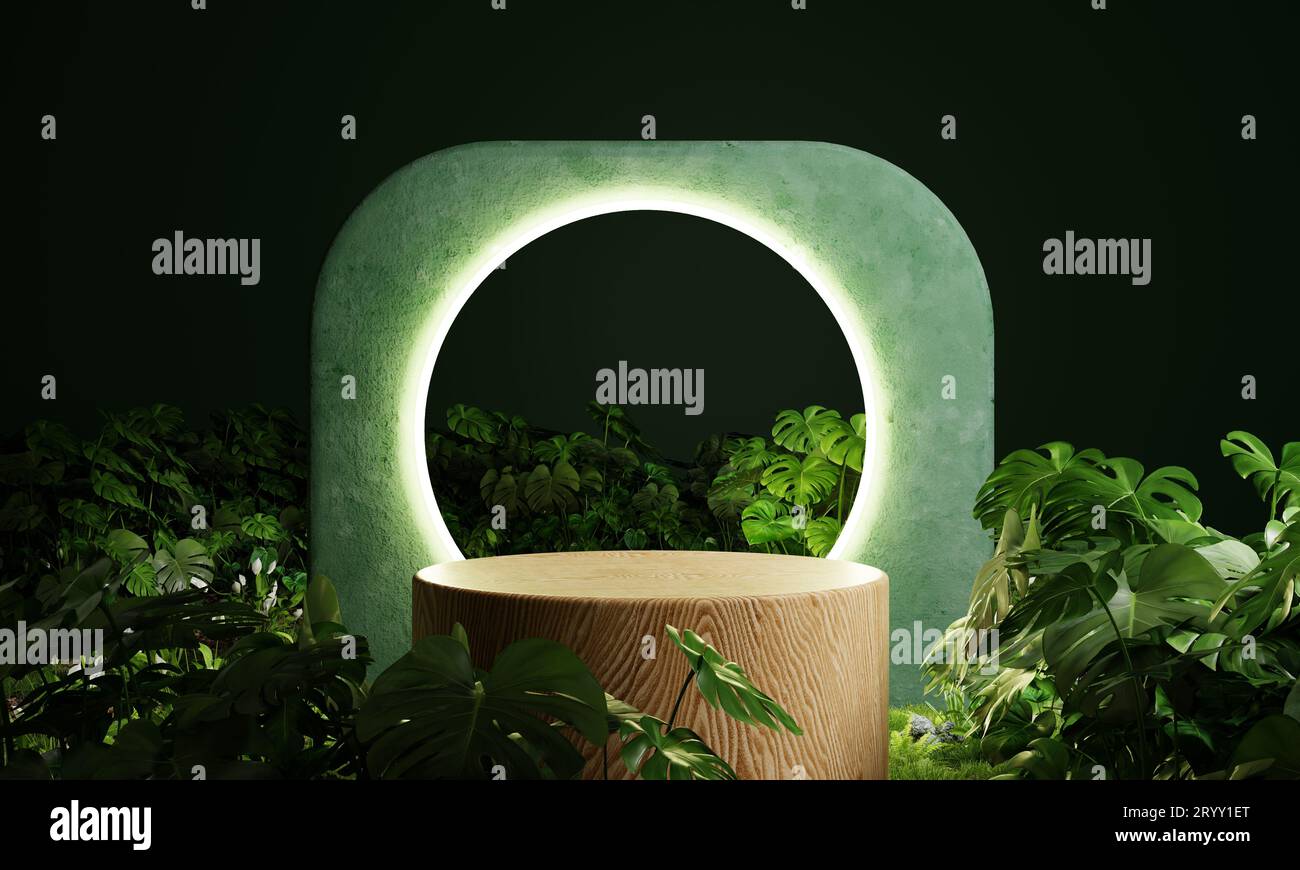 Hölzerne Produktpräsentation Podium im Dschungelwald mit kreisförmigem fluoreszierendem Neonlicht-Lampenhintergrund. Thema der Produktpräsentation. N Stockfoto