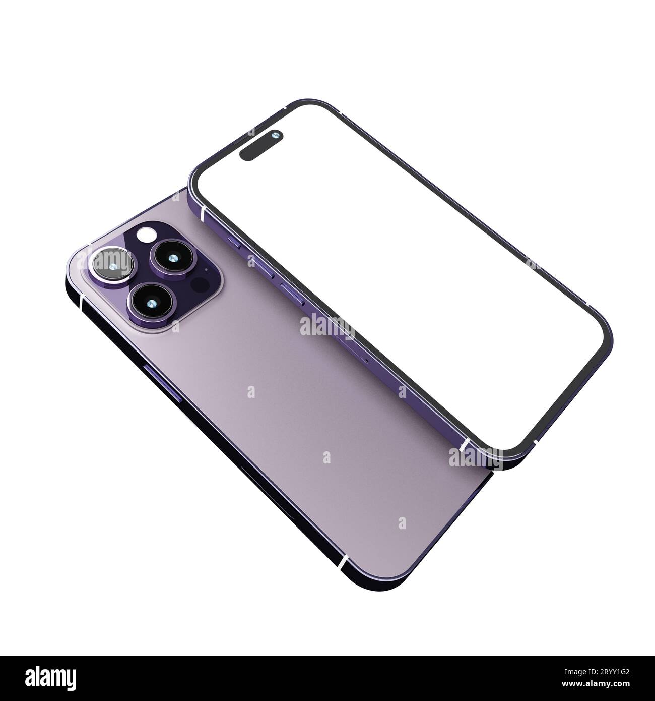 Realistisches neues Smartphone-Modell in violetter Farbe mit Vorlage für das Display des Geräts für die Benutzeroberfläche der Produktwerbung und UX-Infografiken Stockfoto