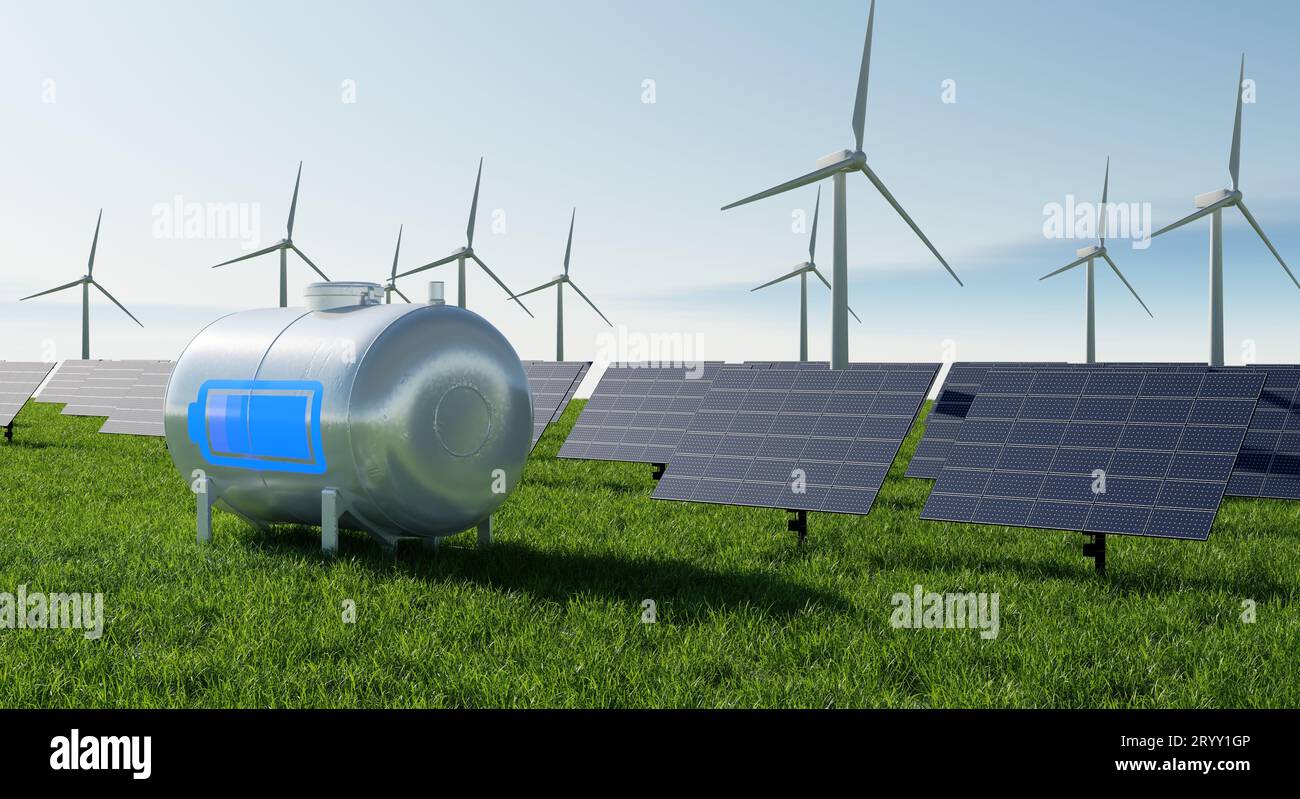 Batterieladegerät Solarkraftwerk Farm. Umwelttechnologie und Energiesparkonzept. Thema Alternative Energie. 3D-Anzeige Stockfoto