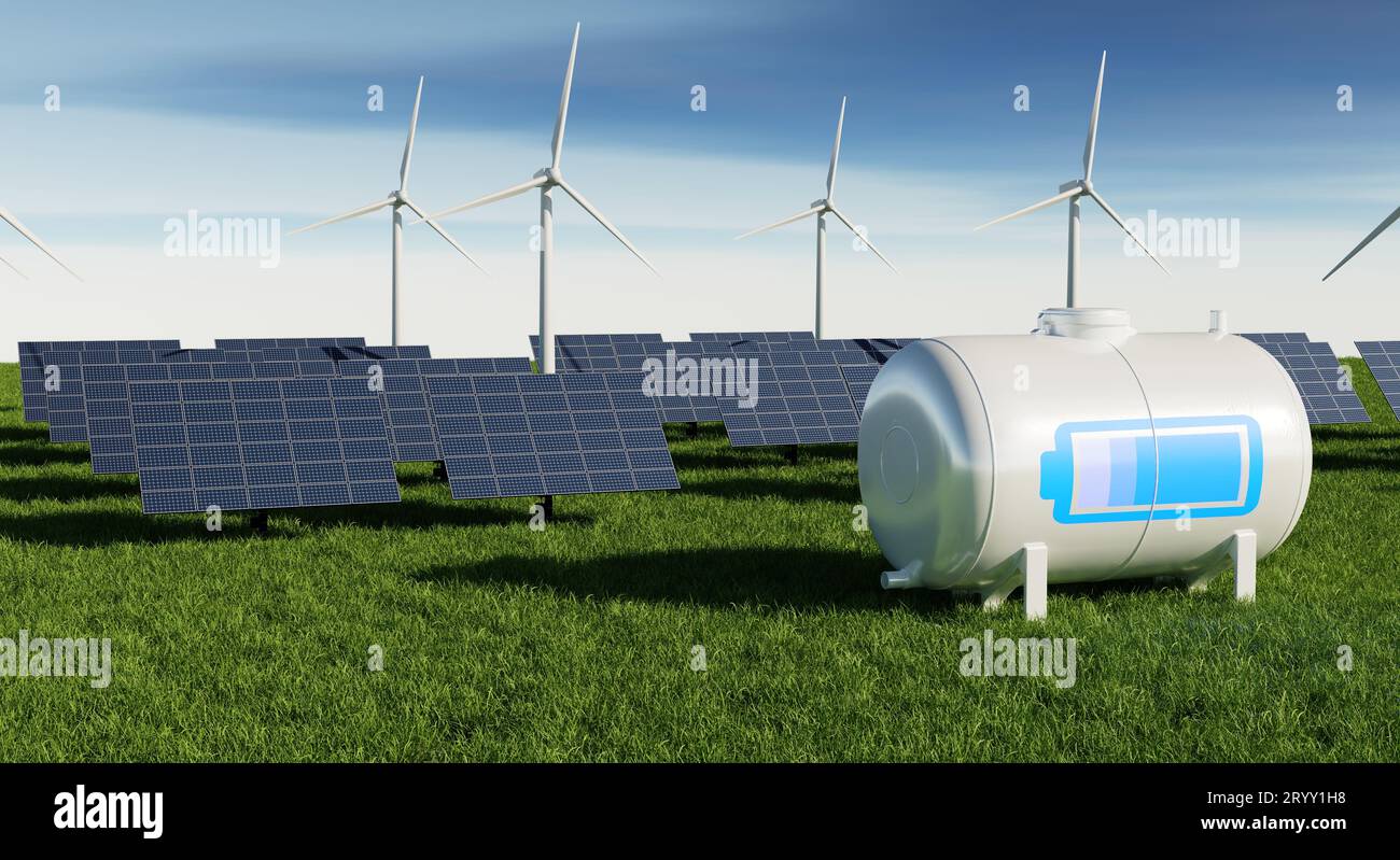 Batterieladegerät Solarkraftwerk Farm. Umwelttechnologie und Energiesparkonzept. Thema Alternative Energie. 3D-Anzeige Stockfoto