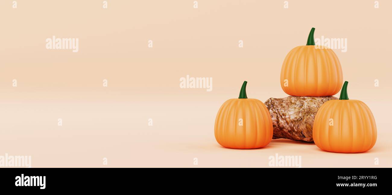 Kürbisse auf dem Felsen auf orangefarbenem Hintergrund. Halloween und Gemüse Objekt Konzept. 3D Darstellung von Illustrationen Stockfoto