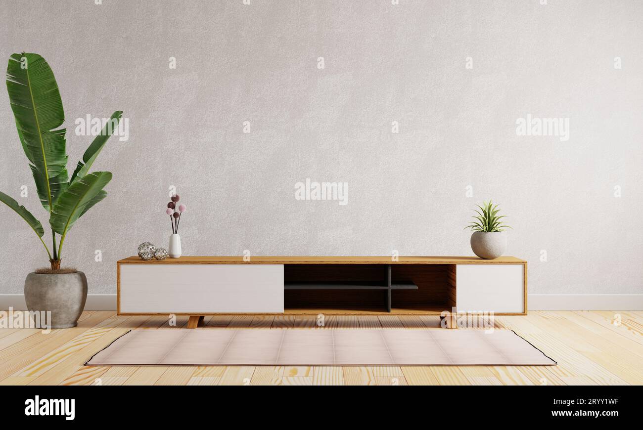 Schrank in der Mitte des modernen Wohnzimmerhintergrunds. Interieur- und Architekturkonzept. 3D Darstellung von Illustrationen Stockfoto